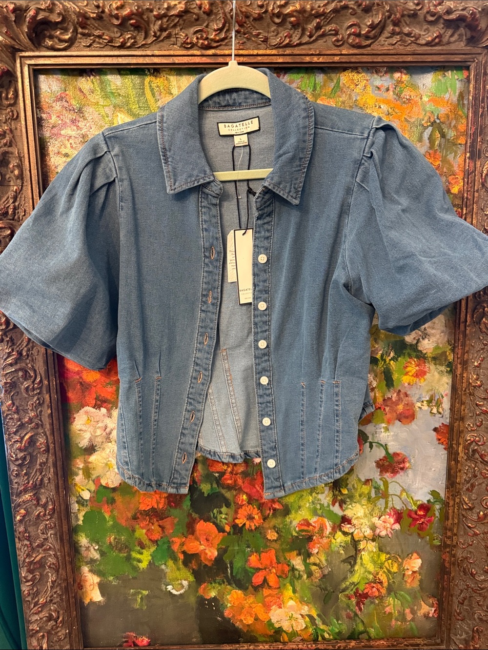 bagatelle denim button-down puff sleeve top in blue